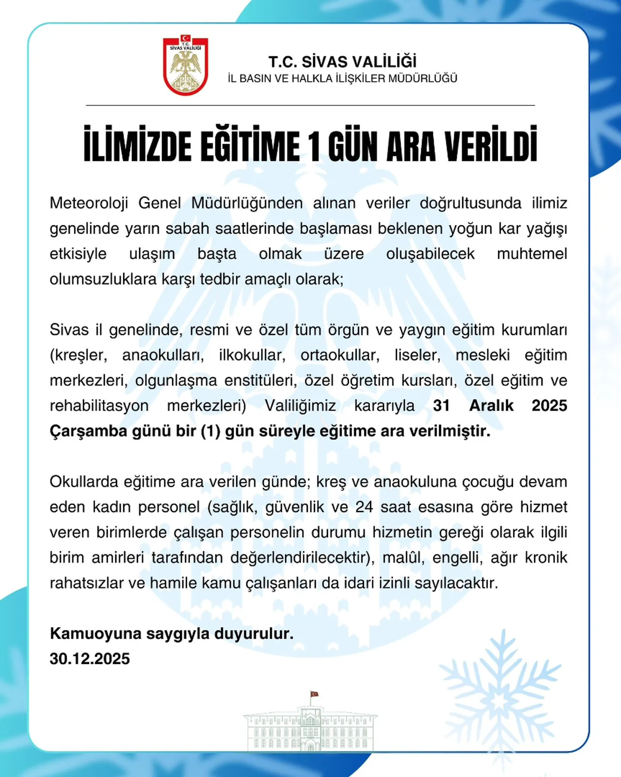 SİVAS'TA OKULLAR TATİL Mİ?