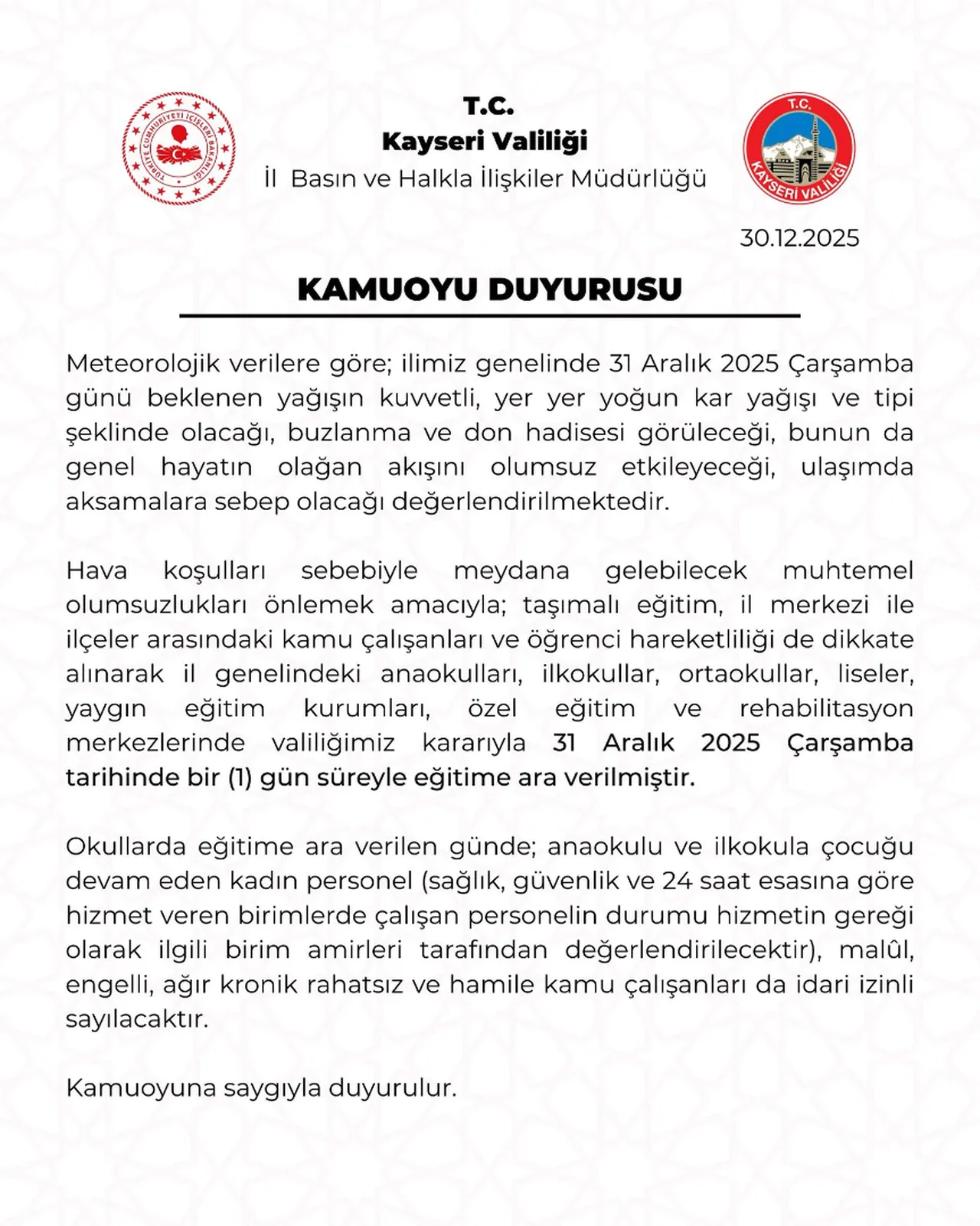 KAYSERİ'DE OKULLAR TATİL Mİ?