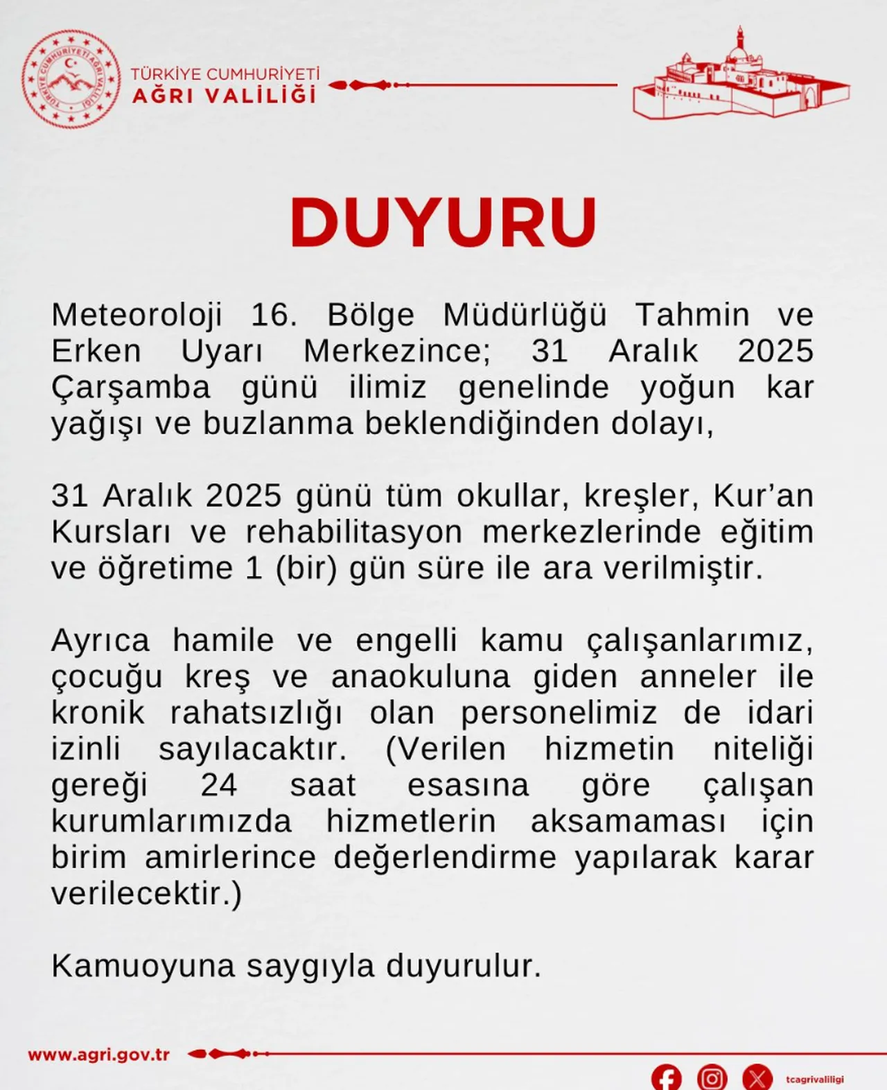 AĞRI'DA OKULLAR TATİL Mİ?