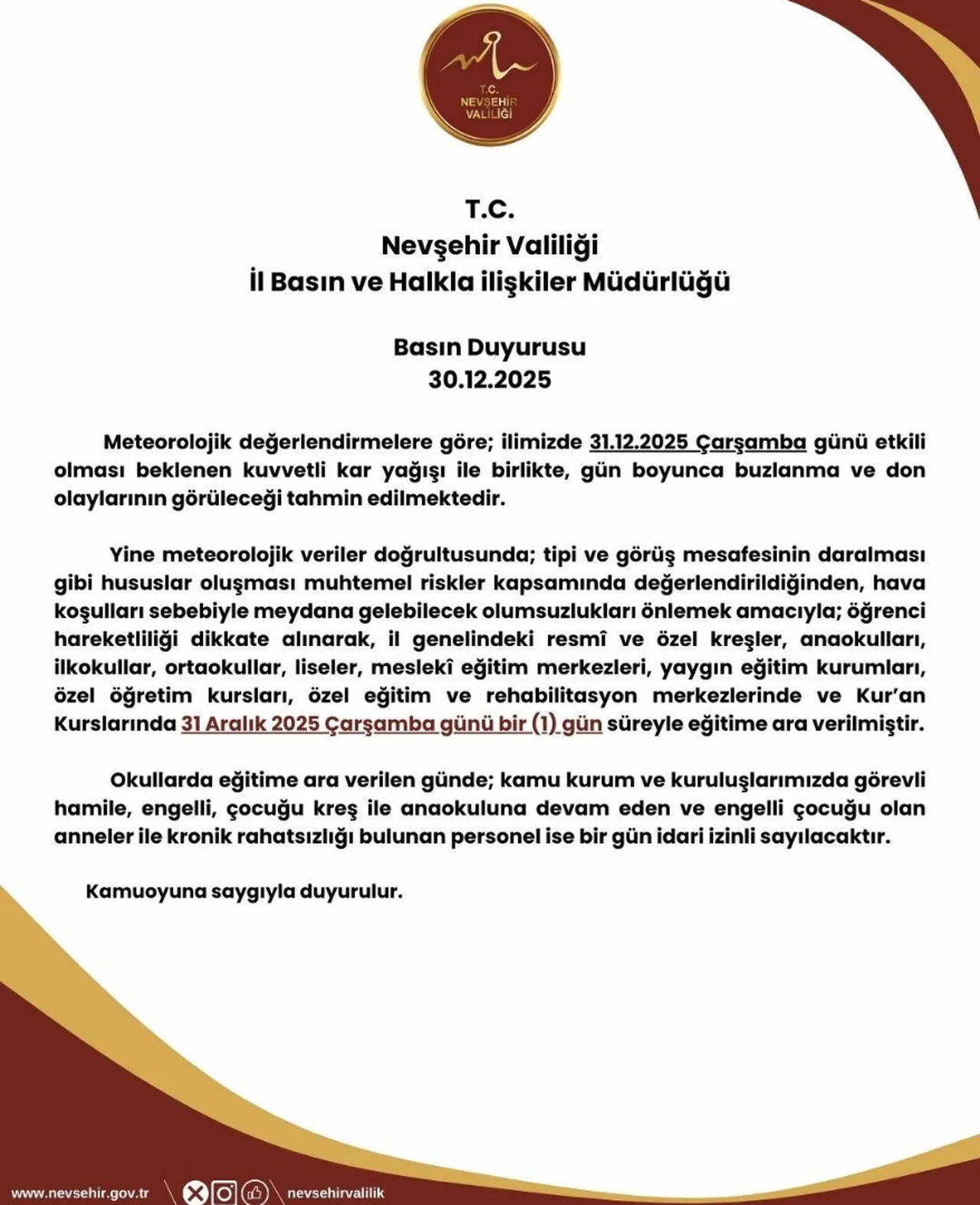 NEVŞEHİR'DE OKULLAR TATİL Mİ?