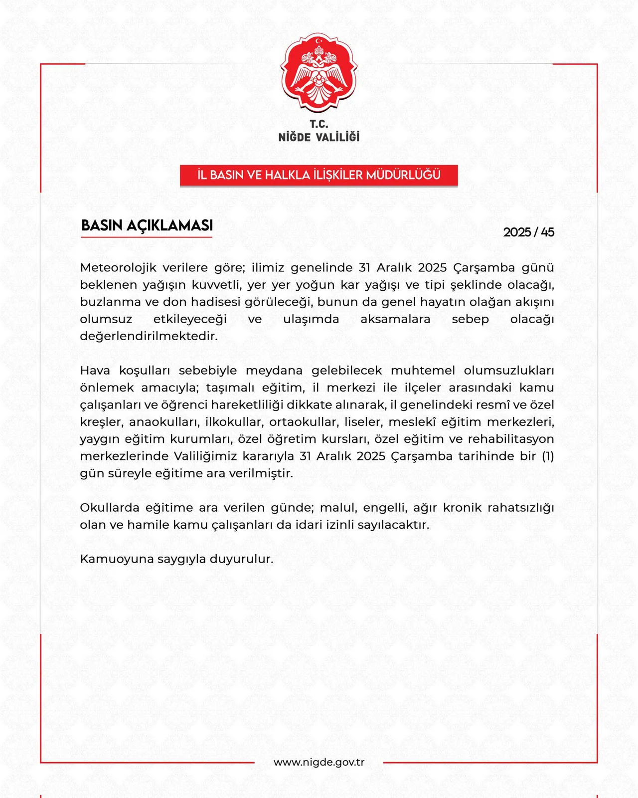 Niğdede okullar tatil mi? 31 Aralık Niğde kar tatili durumu belli oldu