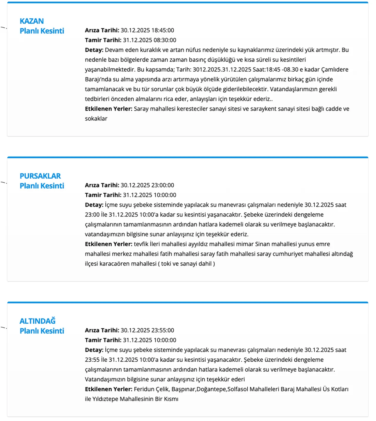 ASKİ su kesintisi 31 Aralıkta 11 ilçede planlandı! Ankarada sular ne zaman, saat kaçta gelecek?
