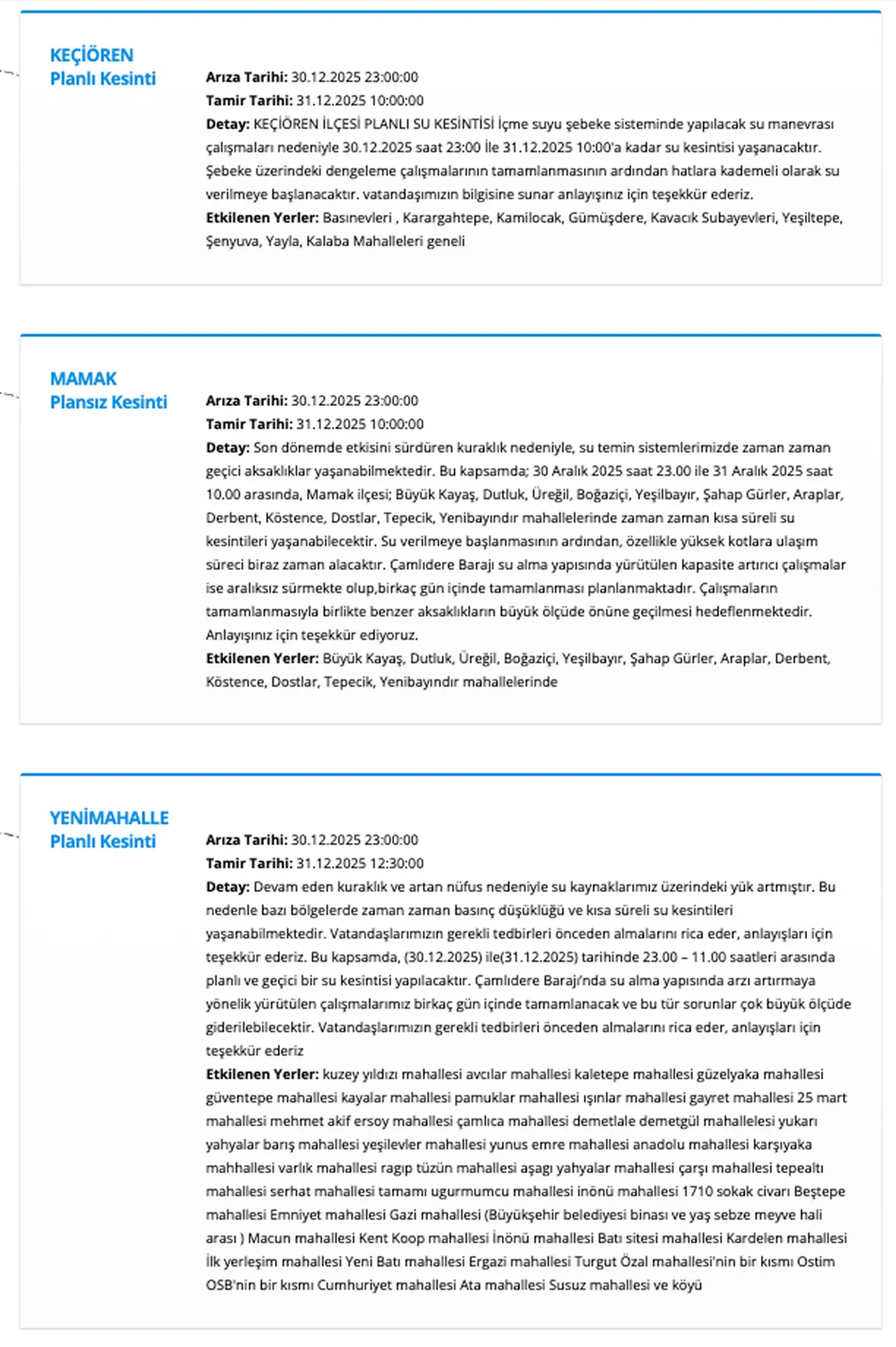 ASKİ su kesintisi 31 Aralıkta 11 ilçede planlandı! Ankarada sular ne zaman, saat kaçta gelecek?