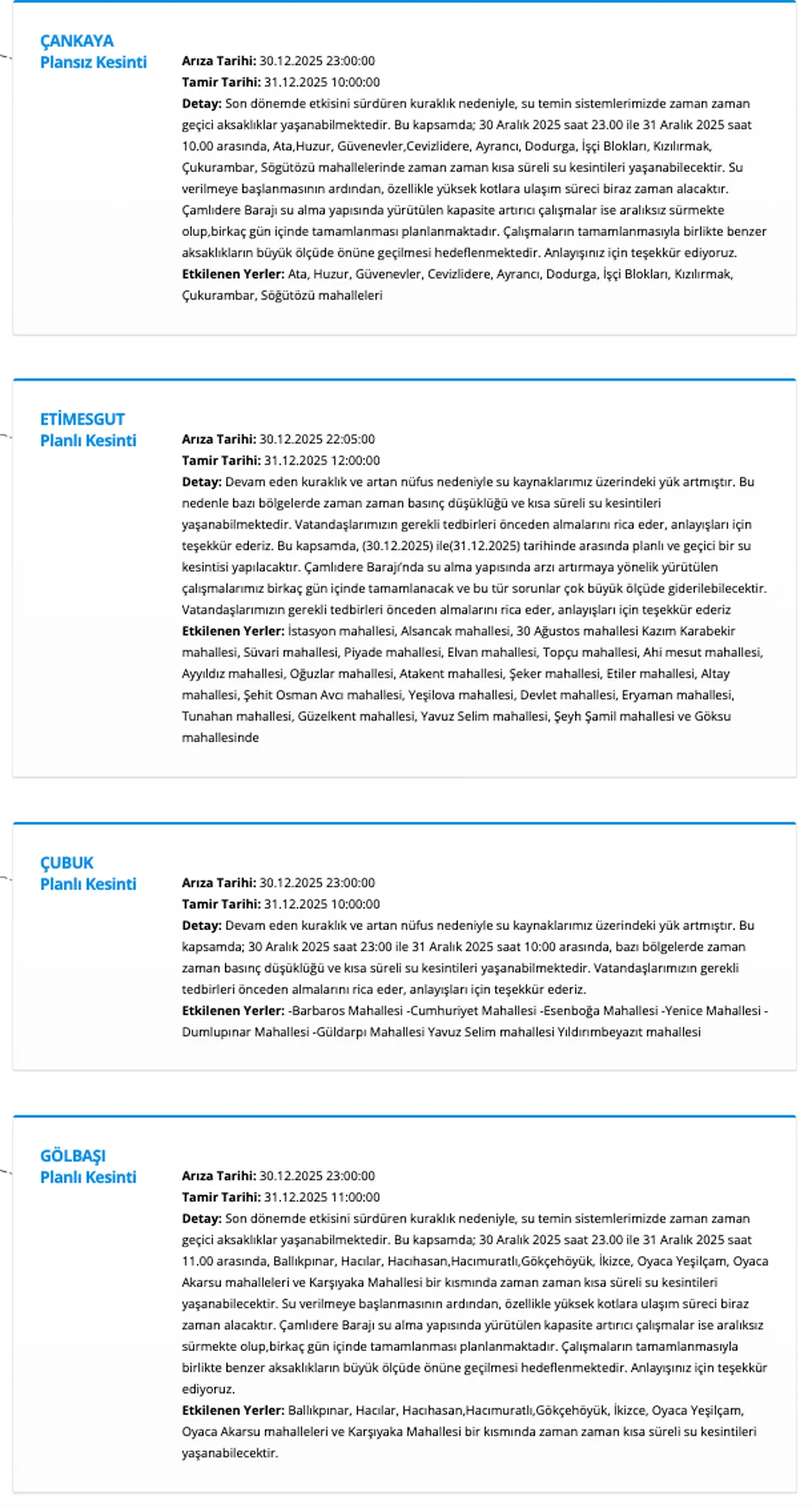 ASKİ su kesintisi 31 Aralıkta 11 ilçede planlandı! Ankarada sular ne zaman, saat kaçta gelecek?