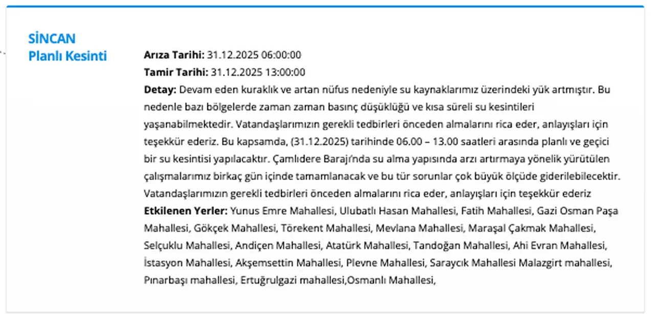 ASKİ su kesintisi 31 Aralıkta 11 ilçede planlandı! Ankarada sular ne zaman, saat kaçta gelecek?