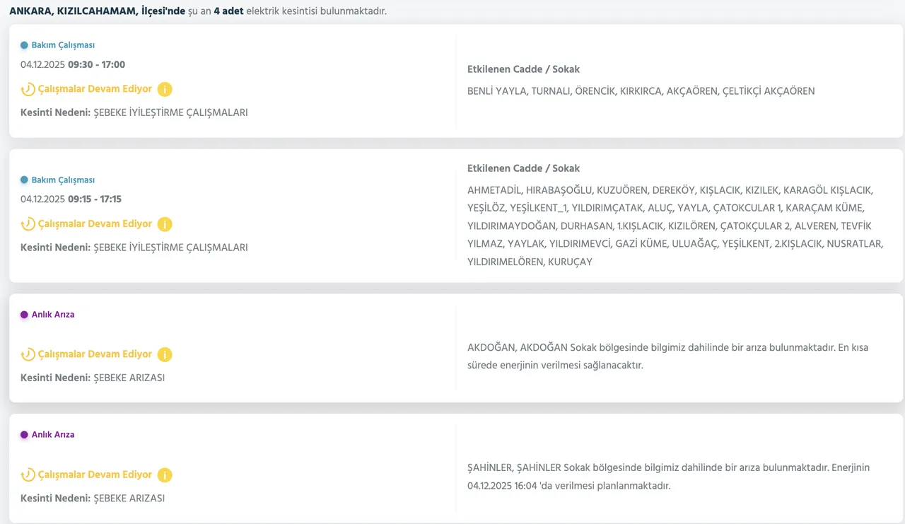 4 Aralık Ankara elektrik kesintisi! Ankarada elektrikler ne zaman gelecek? Keçiören, Etimesgut...