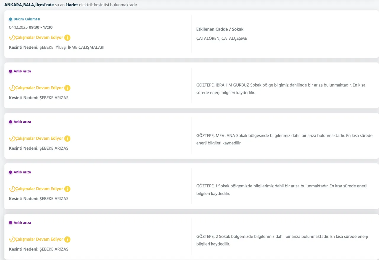 4 Aralık Ankara elektrik kesintisi! Ankarada elektrikler ne zaman gelecek? Keçiören, Etimesgut...