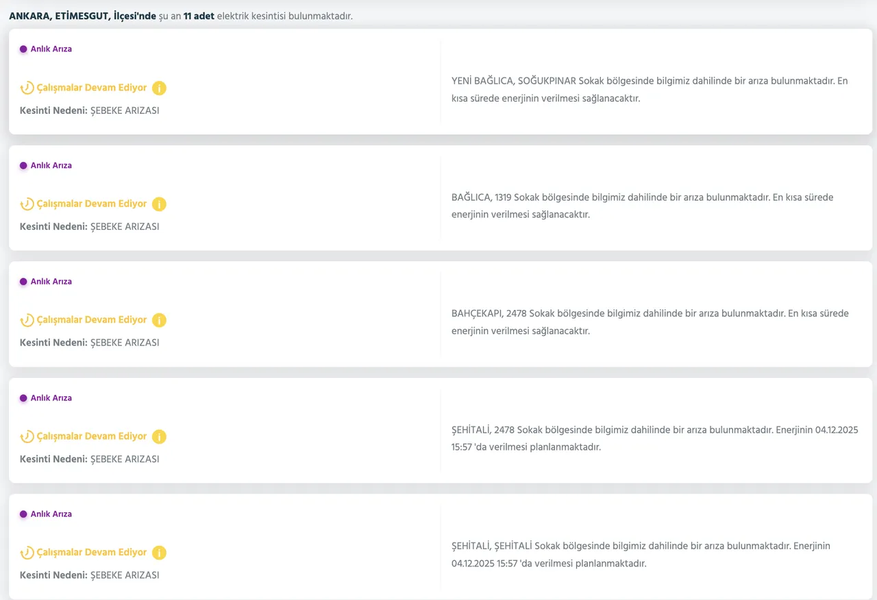 4 Aralık Ankara elektrik kesintisi! Ankarada elektrikler ne zaman gelecek? Keçiören, Etimesgut...