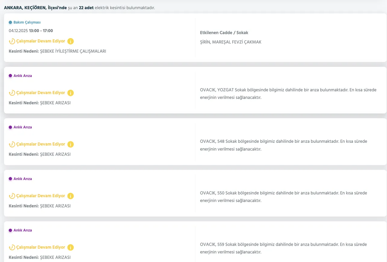 4 Aralık Ankara elektrik kesintisi! Ankarada elektrikler ne zaman gelecek? Keçiören, Etimesgut...