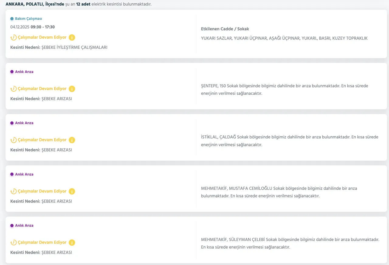 4 Aralık Ankara elektrik kesintisi! Ankarada elektrikler ne zaman gelecek? Keçiören, Etimesgut...