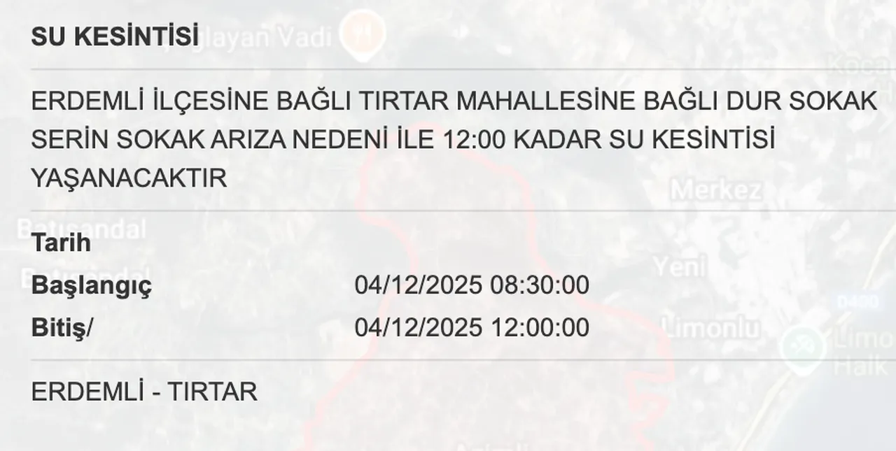 MESKİ su kesinti listesi! 4 Aralık Mersinde sular ne zaman gelecek?