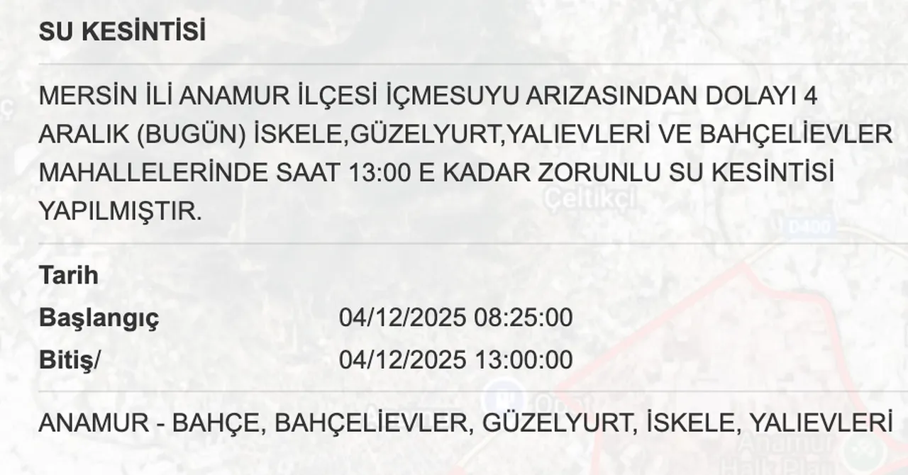 MESKİ su kesinti listesi! 4 Aralık Mersinde sular ne zaman gelecek?