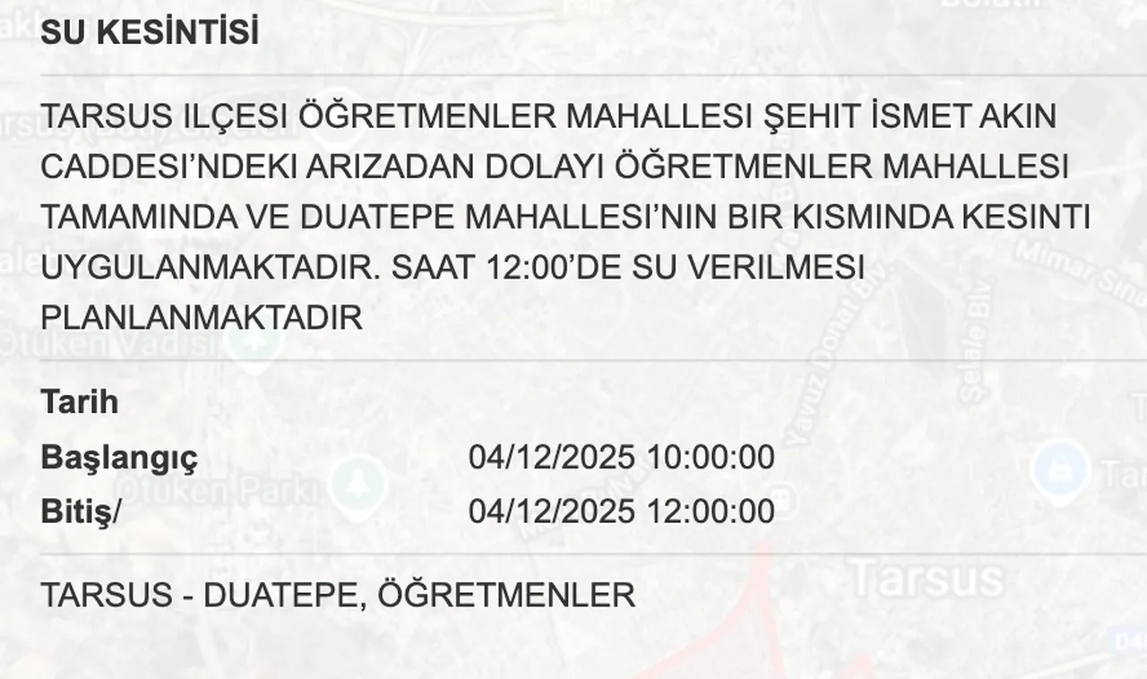 MESKİ su kesinti listesi! 4 Aralık Mersinde sular ne zaman gelecek?