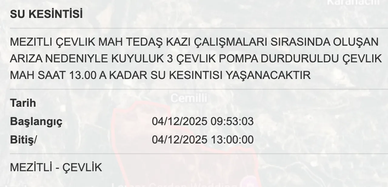 MESKİ su kesinti listesi! 4 Aralık Mersinde sular ne zaman gelecek?