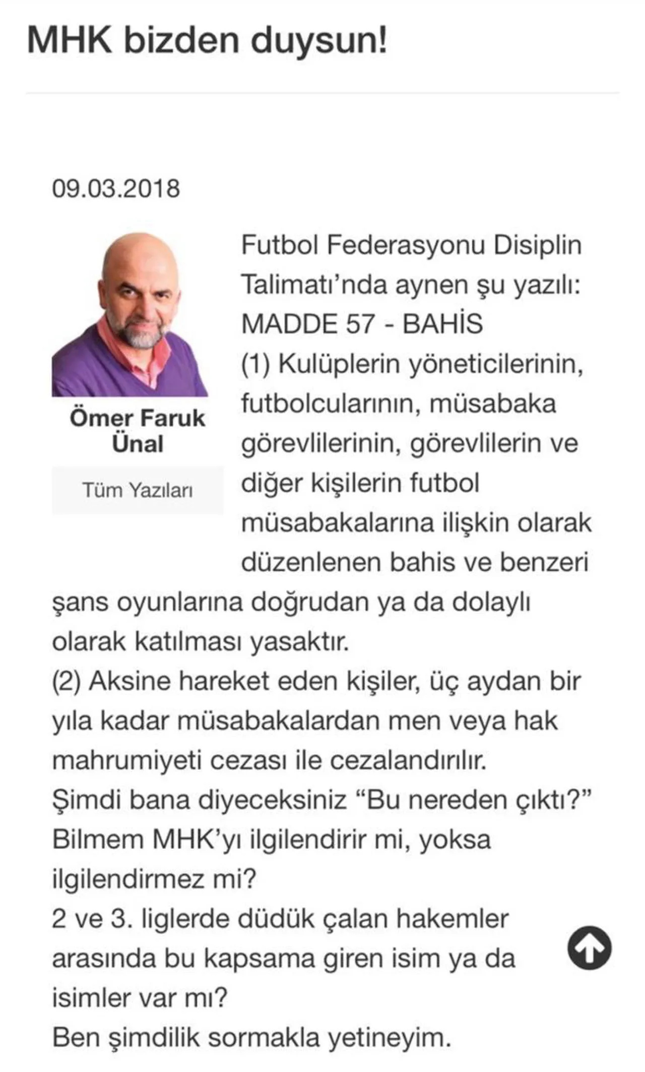 Ömer Faruk Ünal'ın 9 Mart tarihli yazısından ilgili bölüm