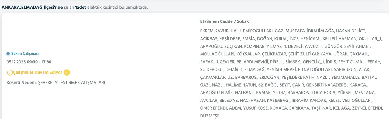 5 Aralık Ankara kesinti listesi! Elektrikler ne zaman gelecek? Gözler Başkent EDAŞa çevrildi