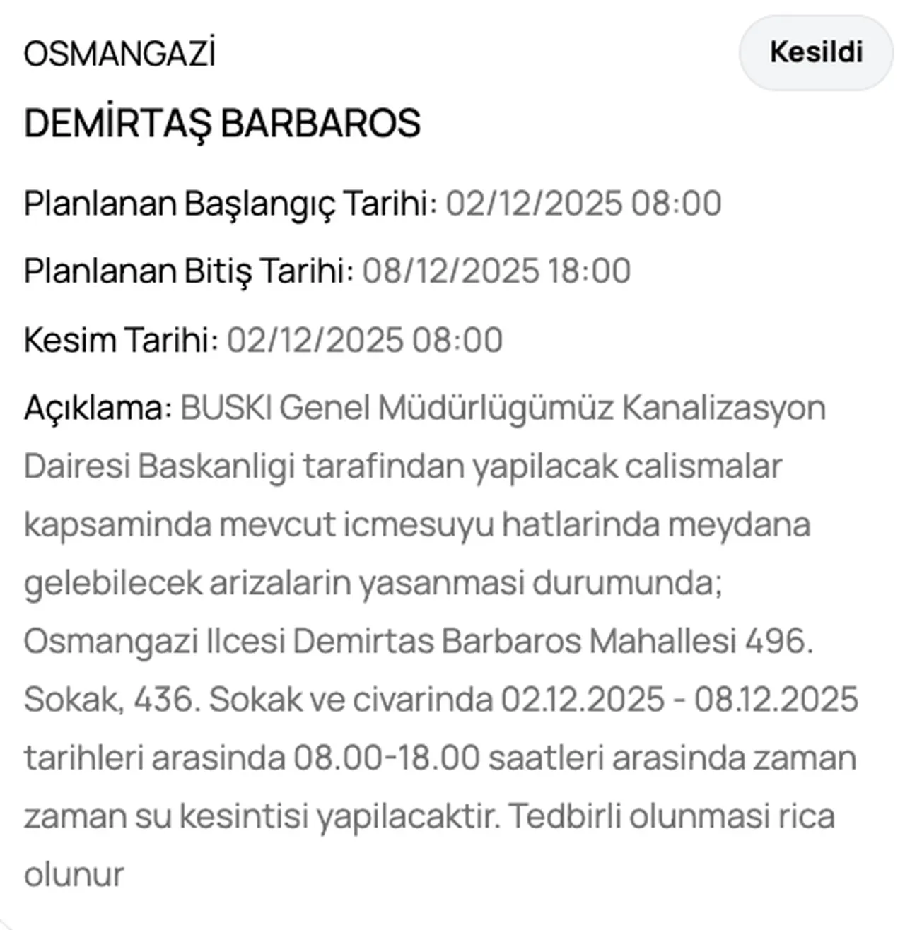 6 Aralık BUSKİ su kesintisi! Sular ne zaman, saat kaçta gelecek?