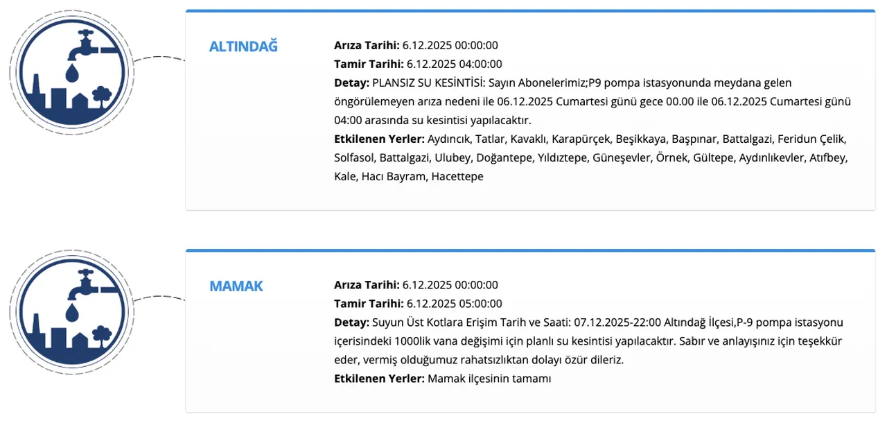 ASKİ su kesintisi 6 Aralık listesi! Ankara Altındağ ve Mamak'ta sular ne zaman gelecek?