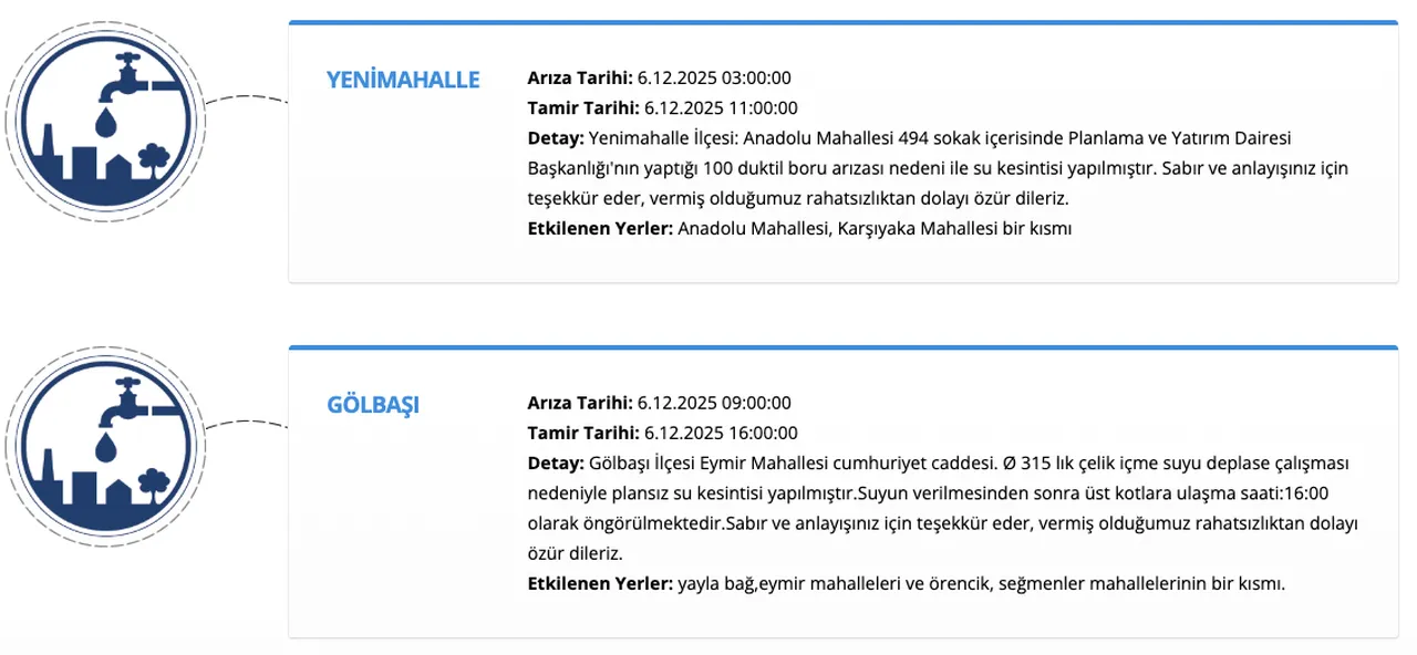 ASKİ su kesintisi 6 Aralık listesi! Ankara Altındağ ve Mamak'ta sular ne zaman gelecek?