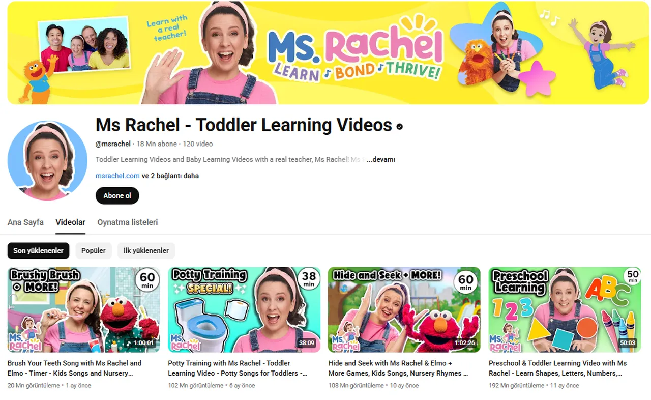 18 milyon abonesi olan Ms Rachel Youtube kanalındaki videoları Gazzeli çocuklar da dahil olmak üzere milyonlarca hesap seyrediyor.