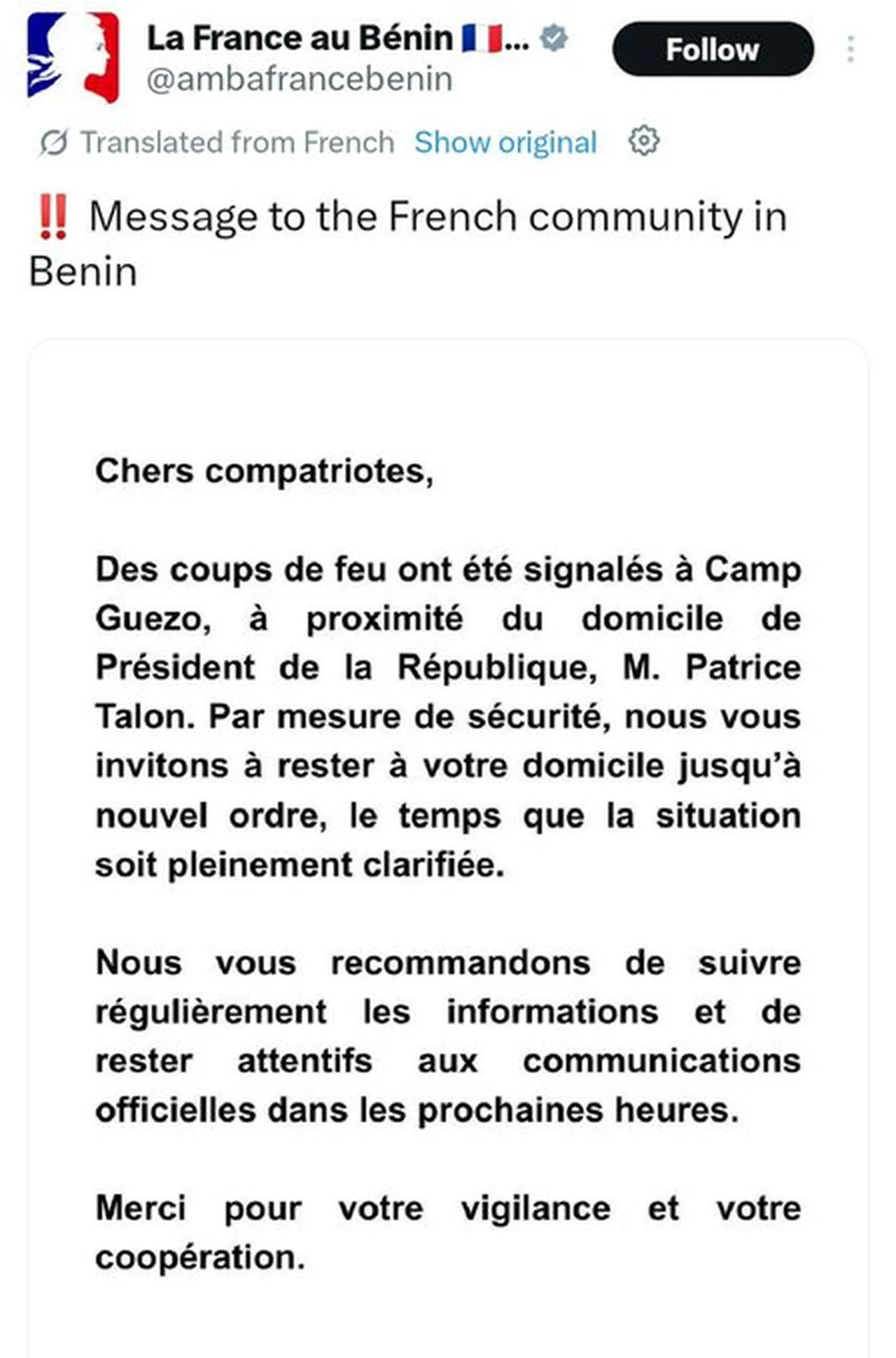 Benin’de askerlerin Başkan Patrice Talon’u devirmeye çalıştığı bildirildi. Askerî bir grup, başkent Cotonou’da devlet televizyonunu kısa süreliğine ele geçirerek bir cunta kurulduğunu duyurdu. Ancak kontrolün hızla kaybedildiği ve lojistik güçlerin yayın binasını yeniden ele geçirdiği ifade edildi.