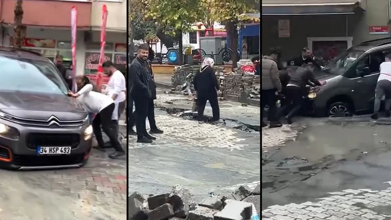 Küçükçekmece'de yol çöktü! Araçlar çukura gömüldü, yayalar içine düştü