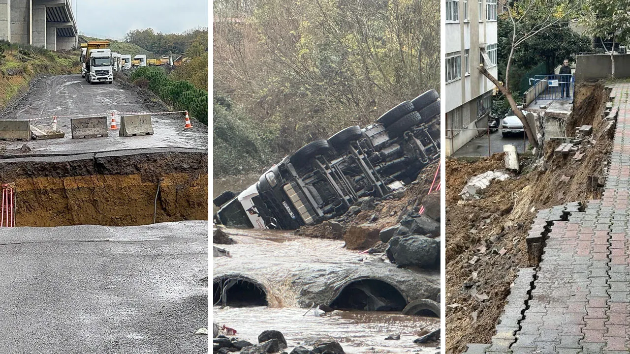 Şiddetli yağış İstanbul'u vurdu: Yollar çöktü, duvarlar yıkıldı!