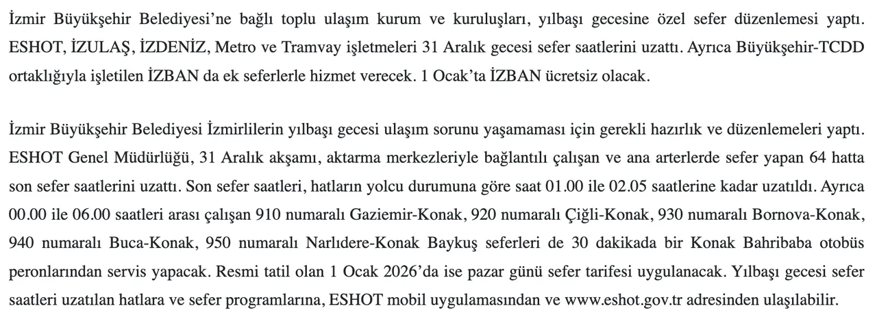 1 Ocak EGO ve ESHOT ücretsiz mi, bugün otobüsler bedava mı? Ankara ve İzmir toplu taşıma ücret durumu