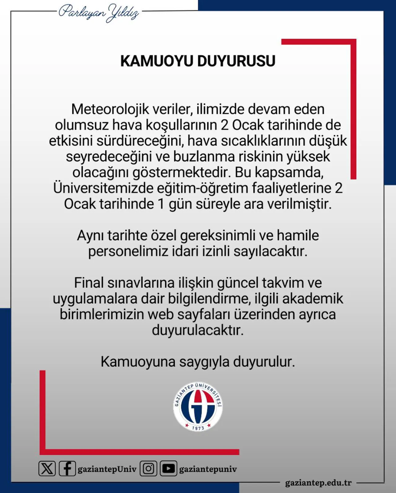 2 Ocak Cuma yarın Gaziantepte okullar ve üniversiteler tatil mi? Gaziantep Valisi Kemal Çeberin paylaşımı dikkat çekti!