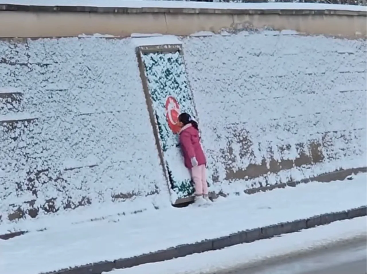 Bayrak sevgisiyle yürekleri ısıttı! Yağan karı elleriyle temizledi