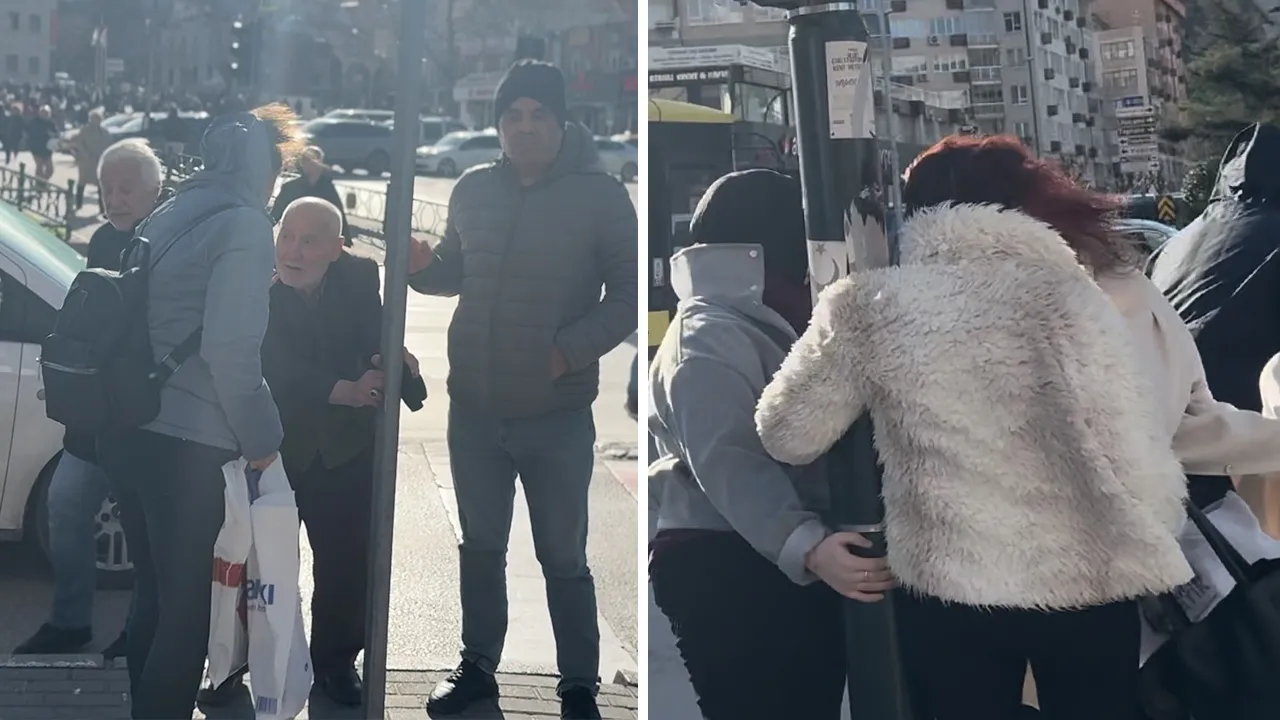 Fırtınada zor anlar! Uçmamak için trafik direğine tutundular