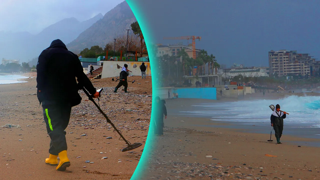 Antalya’da fırtınanın ortasında şaşırtan manzara! Herkes kaçtı, defineciler sahile koştu