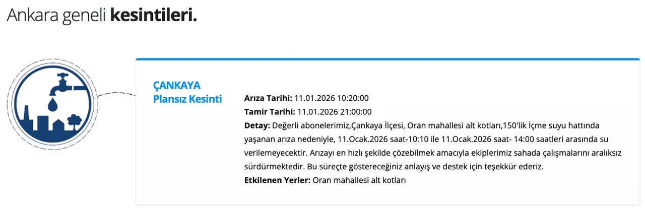Çankaya su kesintisi 11 Ocak: ASKİ kesinti ne zaman bitecek, Ankarada sular saat kaçta gelecek?