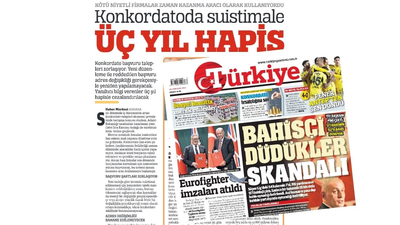 Türkiye Gazetesi, 28 Ekim 2025'te "Konkordato fırsatçılığına son" başlığıyla kötü niyetli firmaların hilesini yazmıştı.