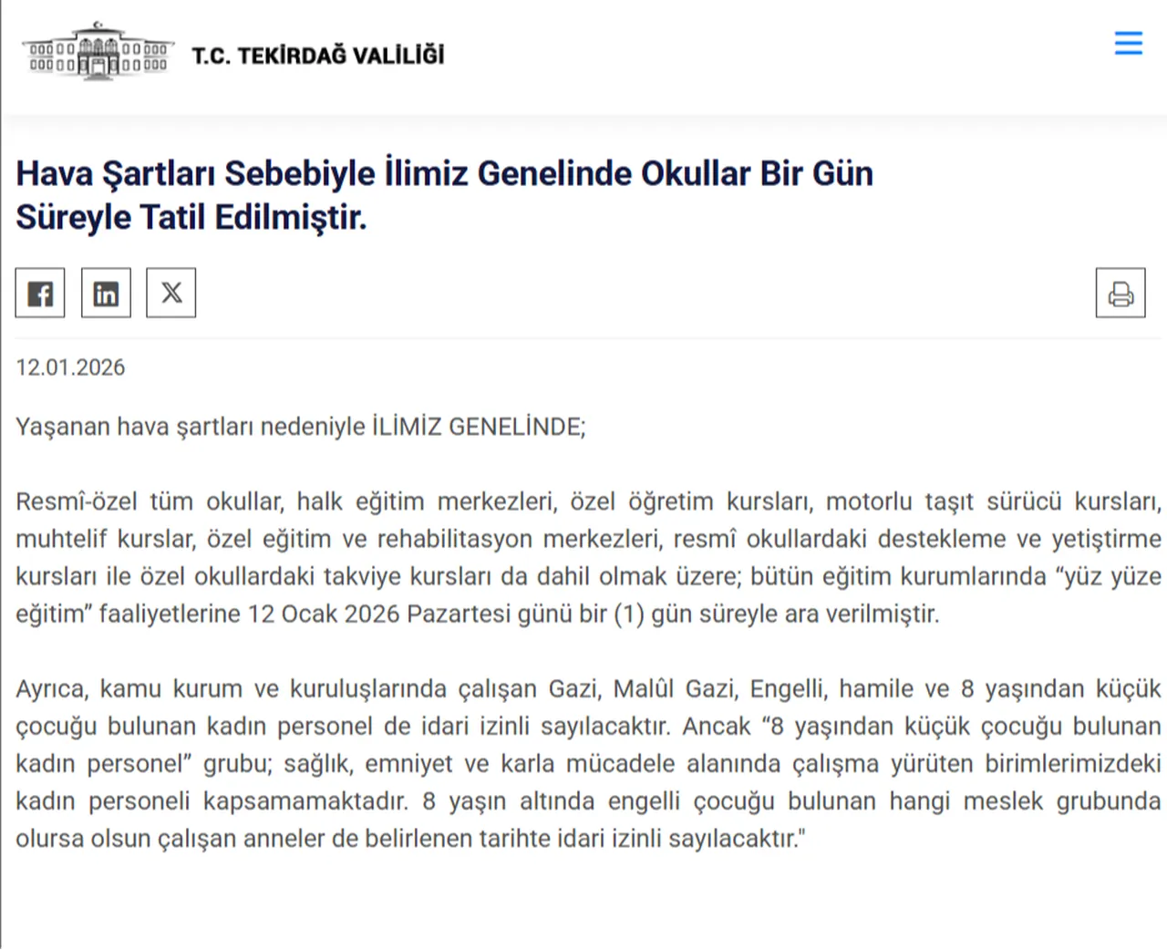 12 Ocak kar tatili olan iller ve valilik açıklamaları: Pazartesi okullar tatil mi?