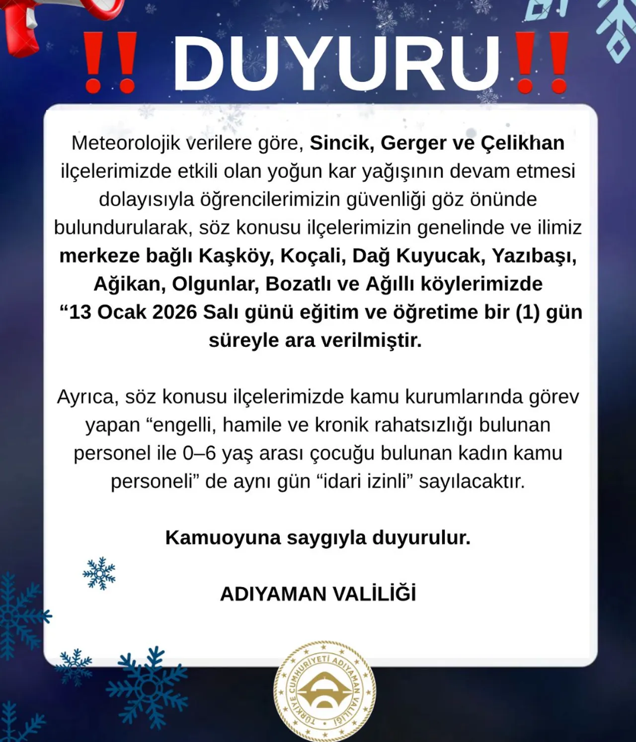 13 Ocak kar tatili olan iller ve valilik açıklamaları! Yarın okullar tatil mi?