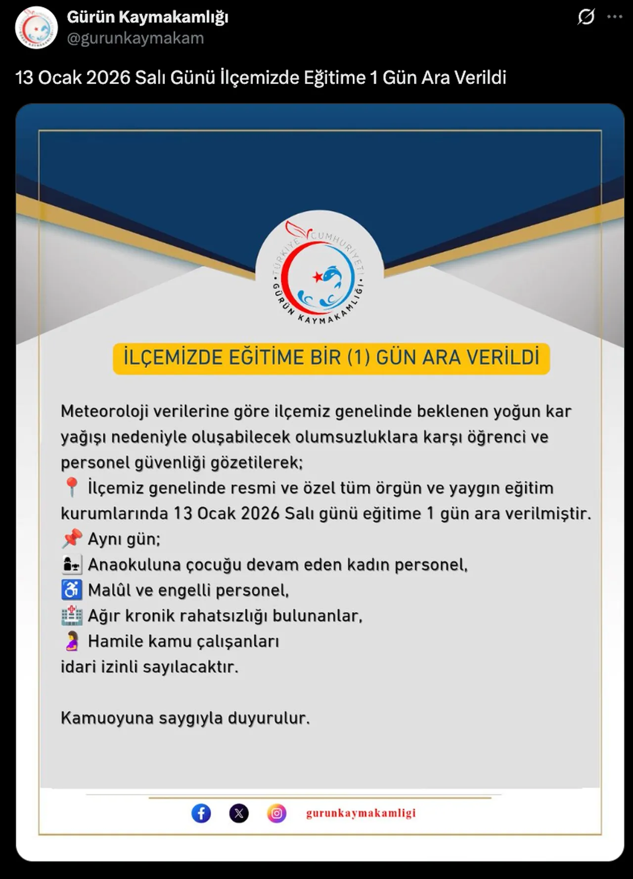 13 Ocak kar tatili olan iller ve valilik açıklamaları! Yarın okullar tatil mi?
