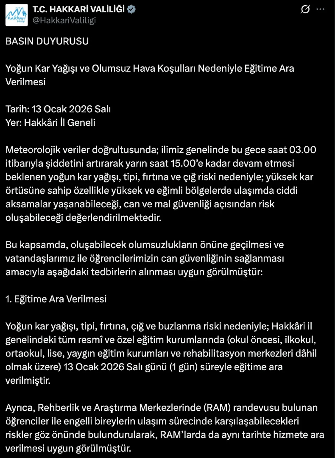 13 Ocak kar tatili olan iller ve valilik açıklamaları! Yarın okullar tatil mi?