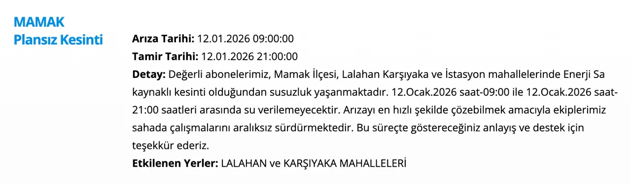 ASKİ su kesintisi sorgulama ekranı: 12 Ocak Ankarada sular ne zaman gelecek, saat kaçta? (Mamak, Çankaya)