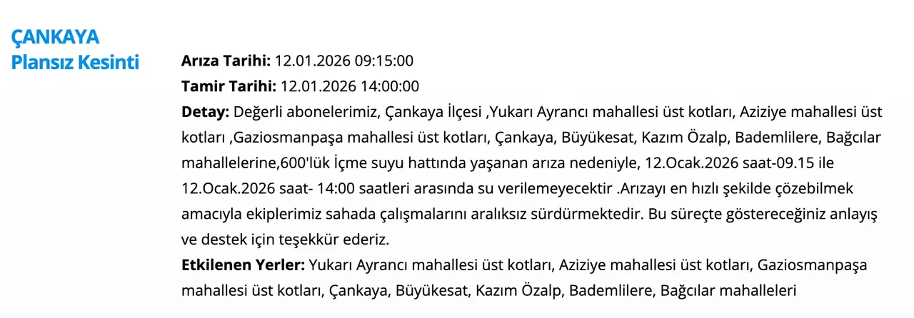 ASKİ su kesintisi sorgulama ekranı: 12 Ocak Ankarada sular ne zaman gelecek, saat kaçta? (Mamak, Çankaya)