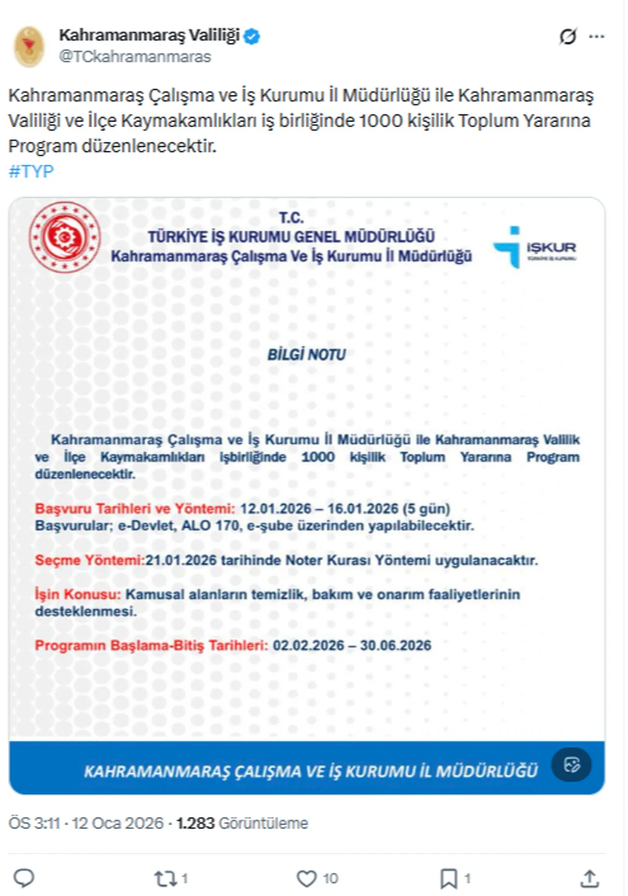 Kahramanmaraş Valiliği Toplum Yararına Programı (TYP) 1000 kişi alacak