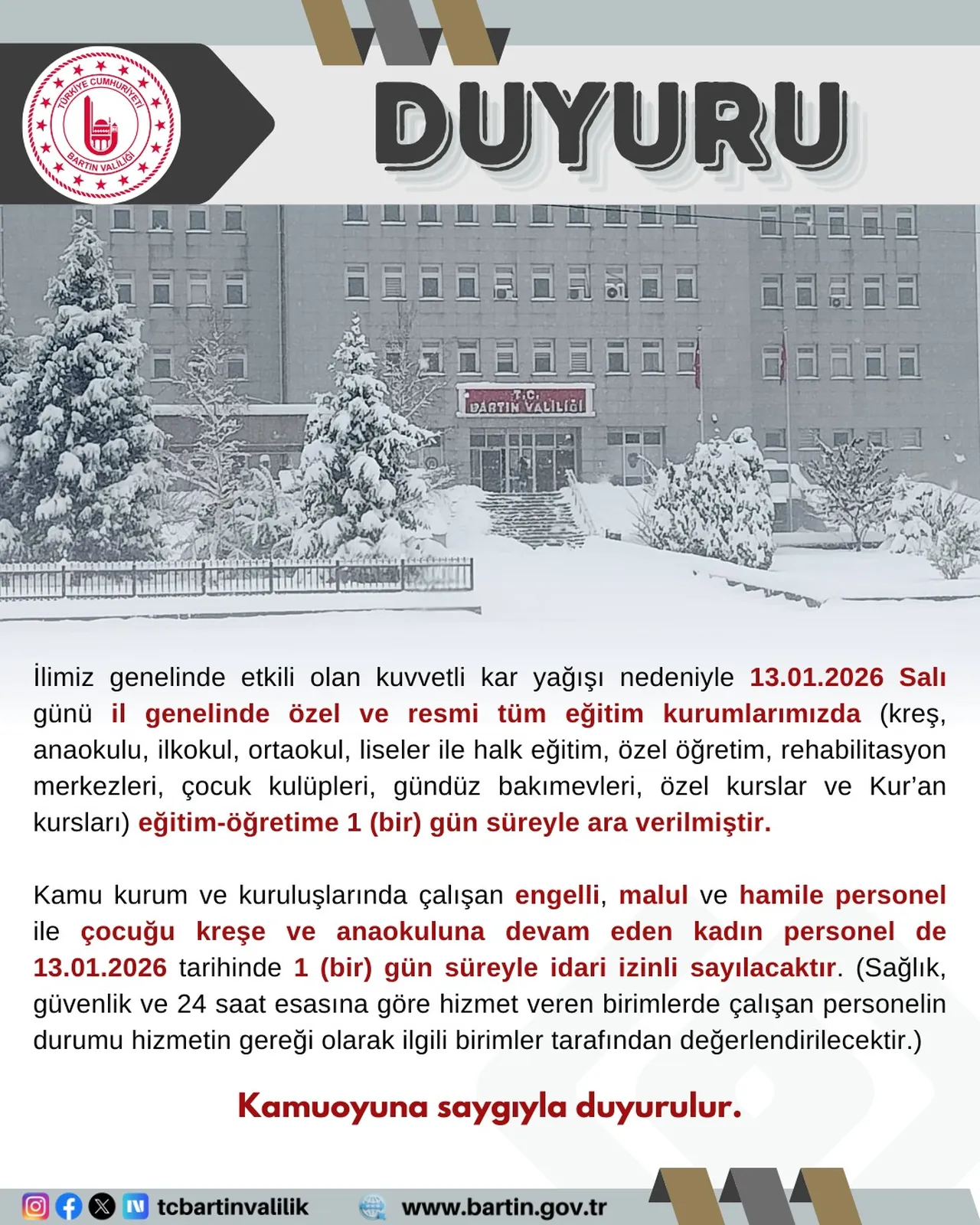 13 Ocak kar tatili olan iller ve valilik açıklamaları! Bugün okullar tatil mi?