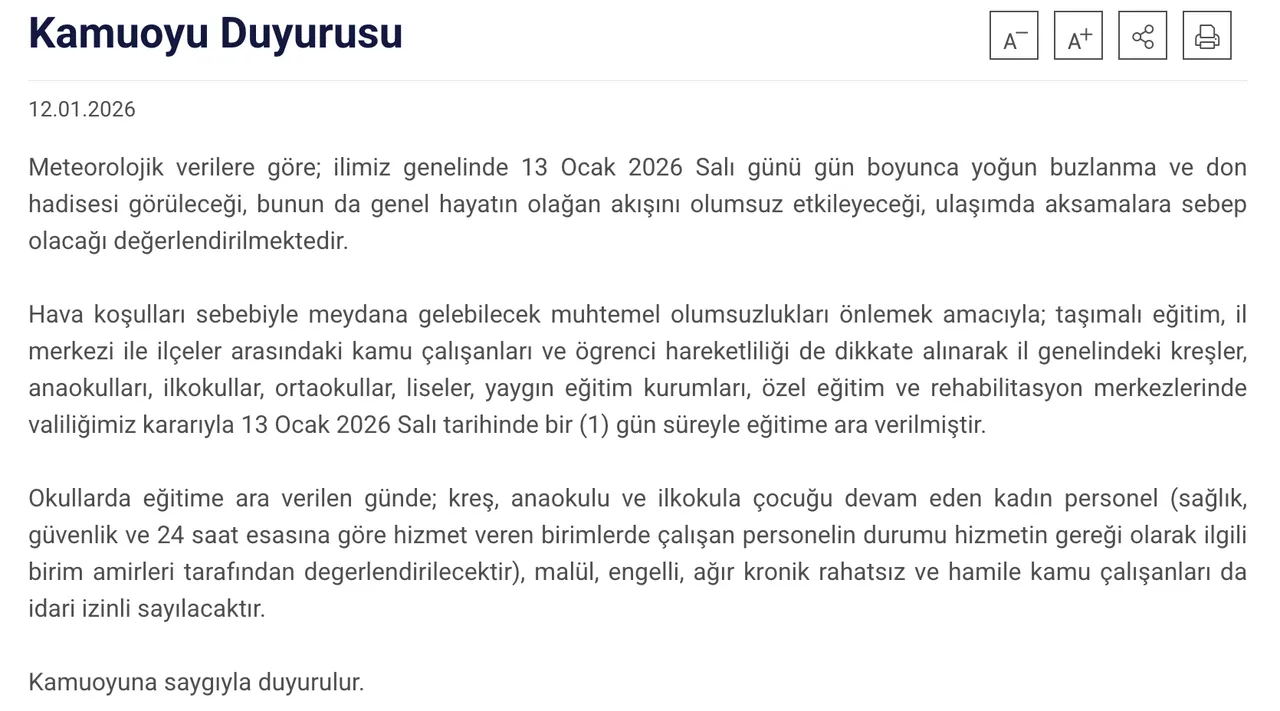 13 Ocak kar tatili olan iller ve valilik açıklamaları! Yarın okullar tatil mi?