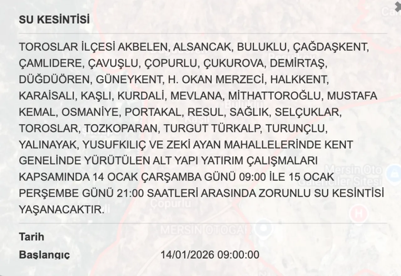 14-15 Ocak MESKİ duyurdu! Mersinde sular ne zaman gelecek? (Yenişehir, Toroslar, Akdeniz)