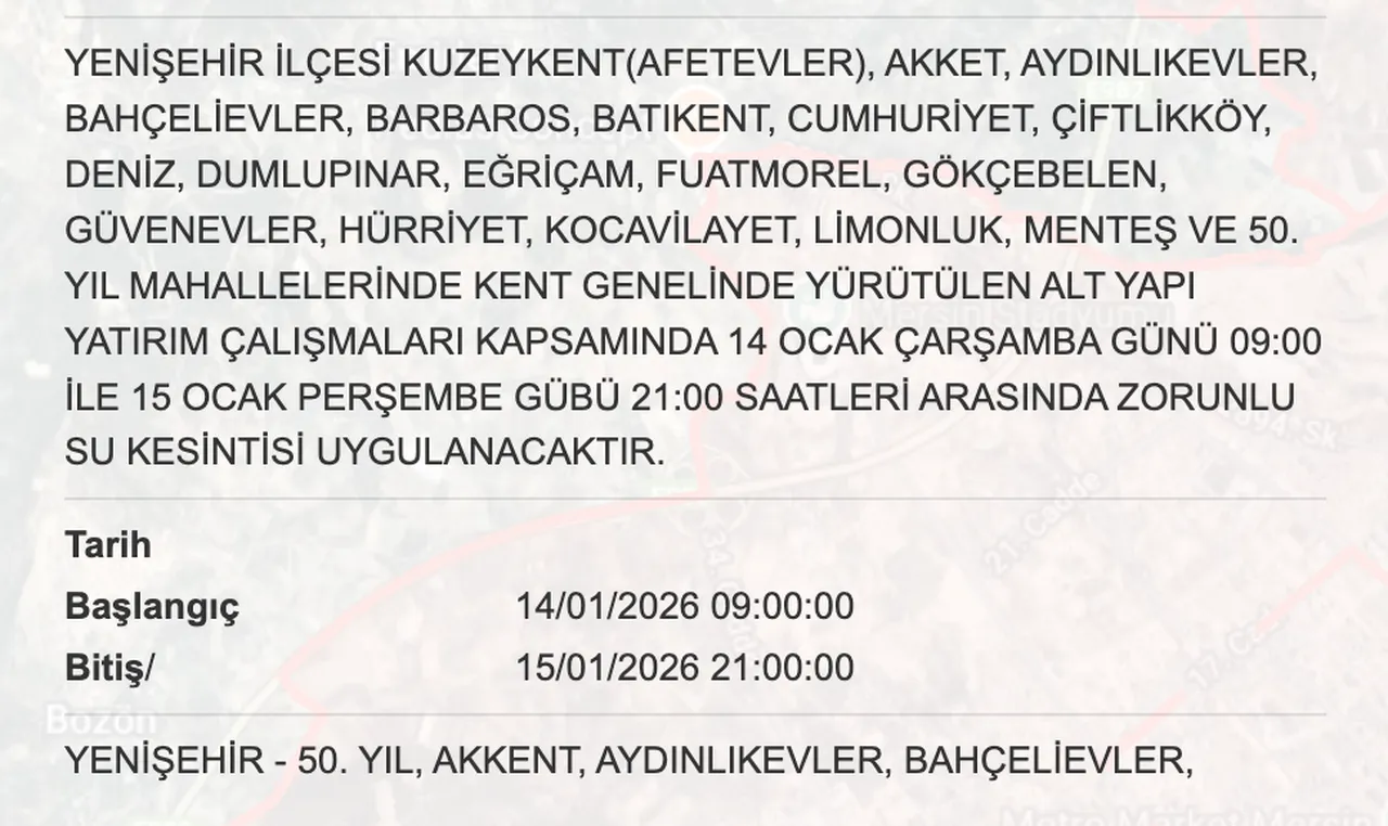 14-15 Ocak MESKİ duyurdu! Mersinde sular ne zaman gelecek? (Yenişehir, Toroslar, Akdeniz)