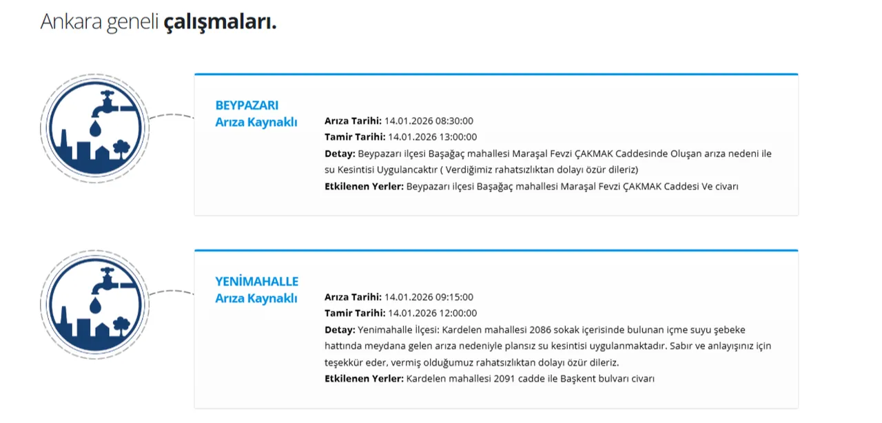 14 Ocak ASKİ su kesintisi! Ankarada (Beypazarı, Yenimahalle) sular ne zaman gelecek?