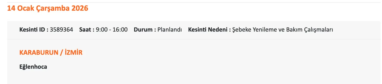 14 Ocak İzmirde (Ödemiş, Çeşme, Bornova, Buca) elektrikler ne zaman gelecek? Gediz Elektrik kesinti listesii