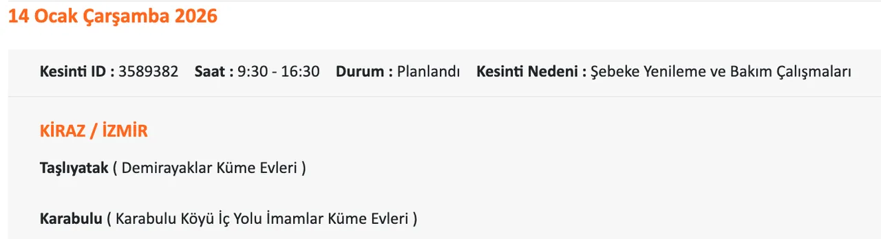 14 Ocak İzmirde (Ödemiş, Çeşme, Bornova, Buca) elektrikler ne zaman gelecek? Gediz Elektrik kesinti listesii