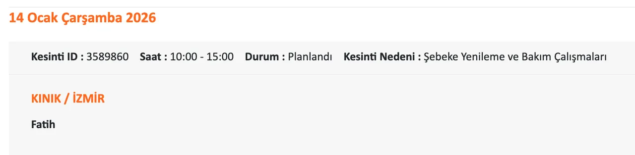 14 Ocak İzmirde (Ödemiş, Çeşme, Bornova, Buca) elektrikler ne zaman gelecek? Gediz Elektrik kesinti listesii