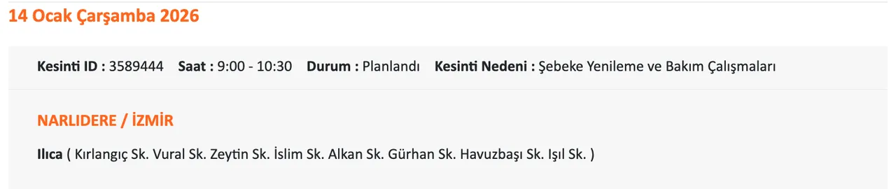 14 Ocak İzmirde (Ödemiş, Çeşme, Bornova, Buca) elektrikler ne zaman gelecek? Gediz Elektrik kesinti listesii